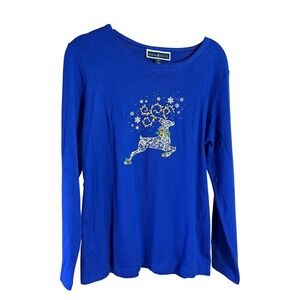 Karen Scott‎ Christmas Reindeer Long Sleeve Top Holiday Shirt Medium Blue